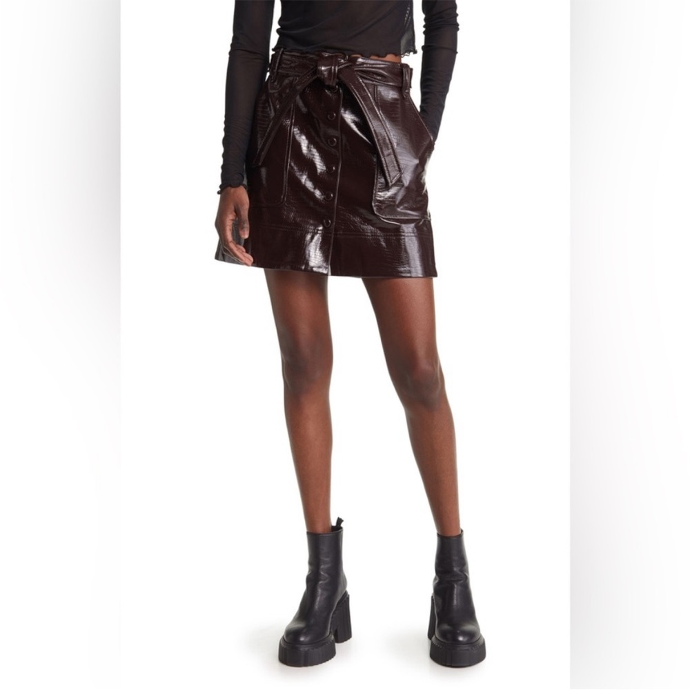 Topshop Belted Croc Embossed Faux Leather Skirt